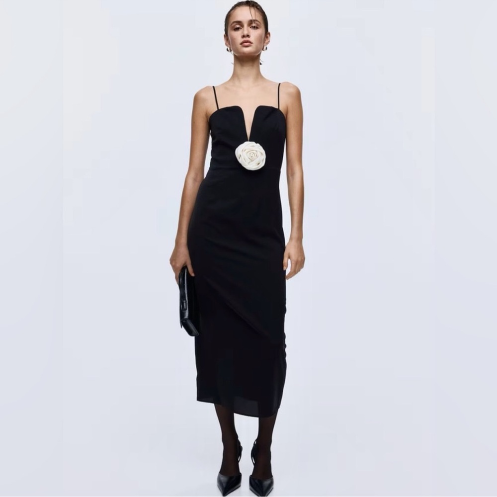 Black Midi Dress with Ivory Rose Detail Spaghetti Strap Elegant Bodycon - Picture 3 of 6